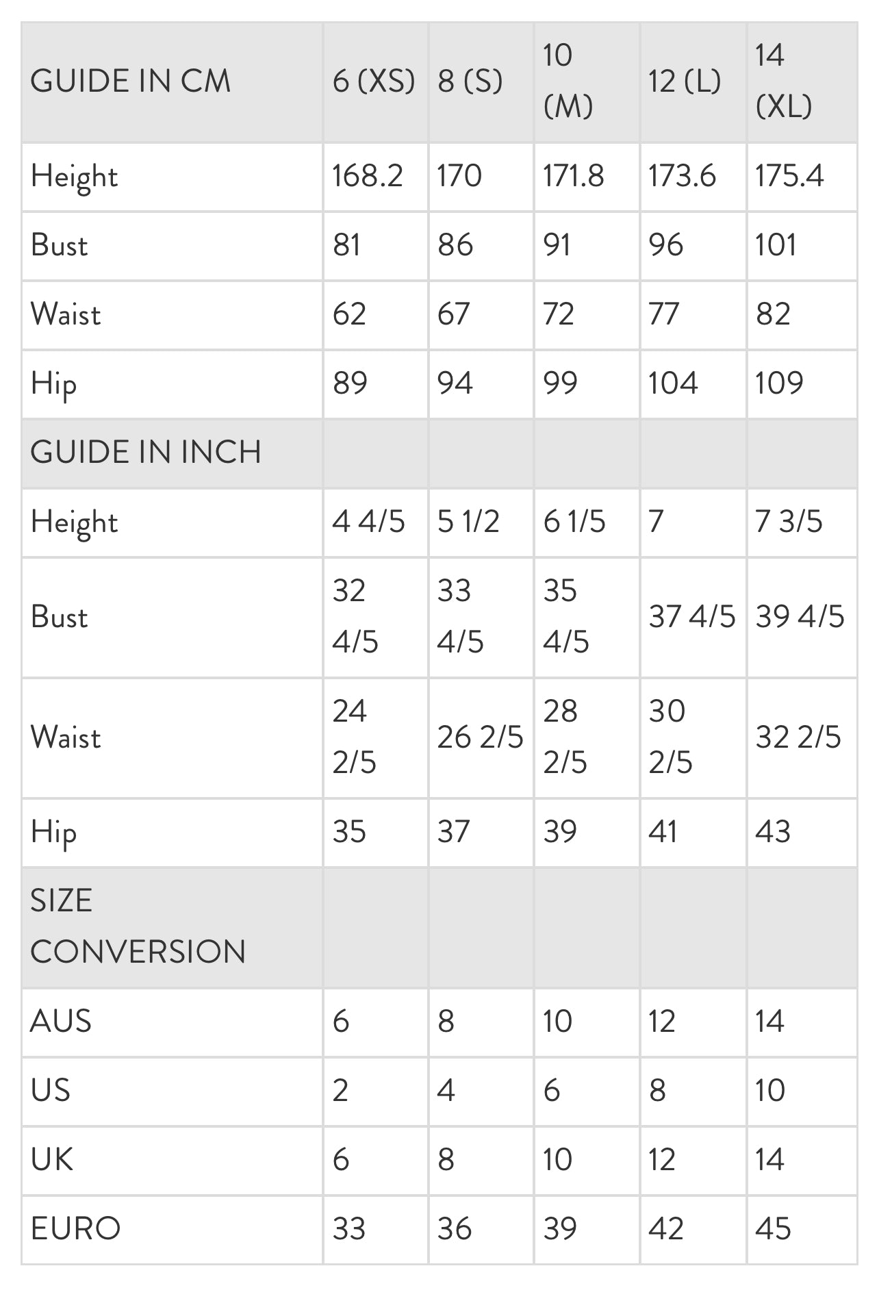 Sizing Information – Charlie Holiday